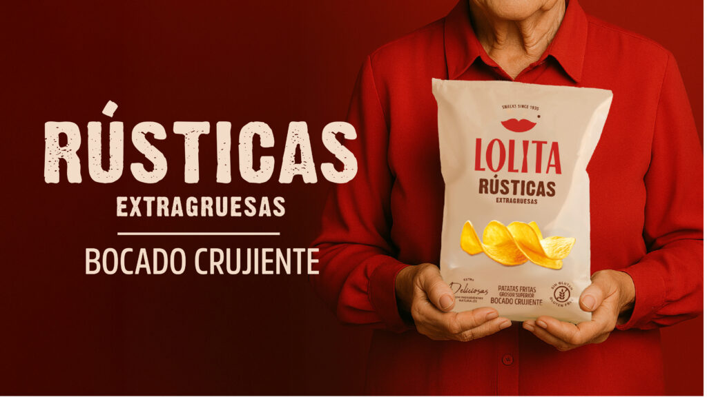 Bolsa de patatas Lolita Rústicas con corte extragrueso, mostrando su textura dorada y crujiente, elaboradas con ingredientes naturales y fritura lenta para un sabor auténtico y tradicional.